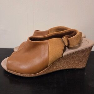 Clarks Tan Leather Suede Cork Wedge Slingback Sandals Womens 8.5 M 26140414060
